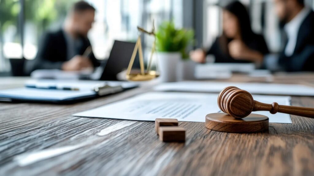 Na zdjęciu widoczny jest drewniany młotek sędziowski oraz podstawka, na której spoczywa, umieszczone na stole. W tle znajdują się dokumenty prawne oraz waga sprawiedliwości – symbol prawa. W dalszej części obrazu są rozmazane sylwetki ludzi, co sugeruje kontekst sądowy lub prawny.